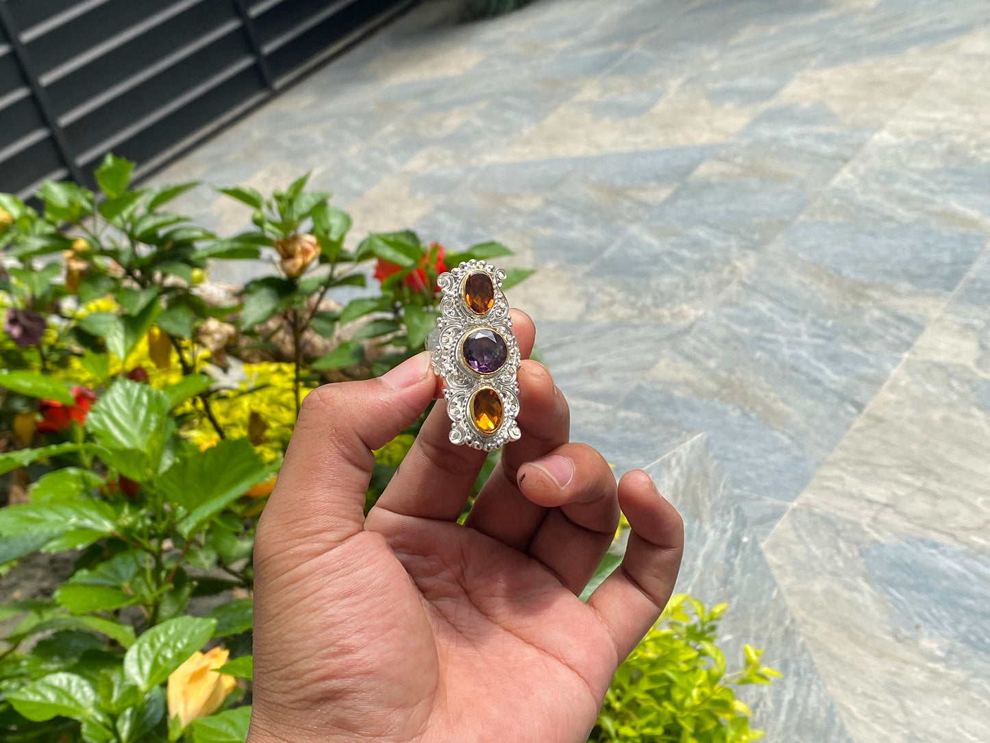 Big Natural Citrine and Amethyst stone adorned ring, Adjustable Two Tone Ring, Handmade Nepali Ring.