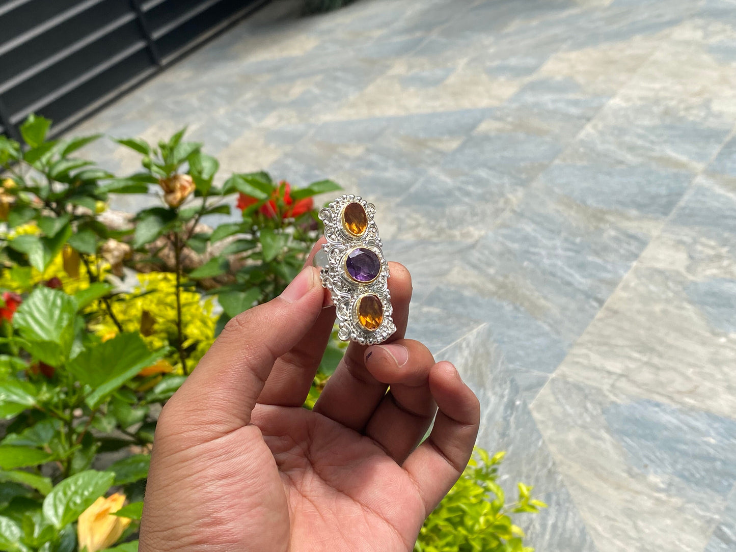 Big Natural Citrine and Amethyst stone adorned ring, Adjustable Two Tone Ring, Handmade Nepali Ring.