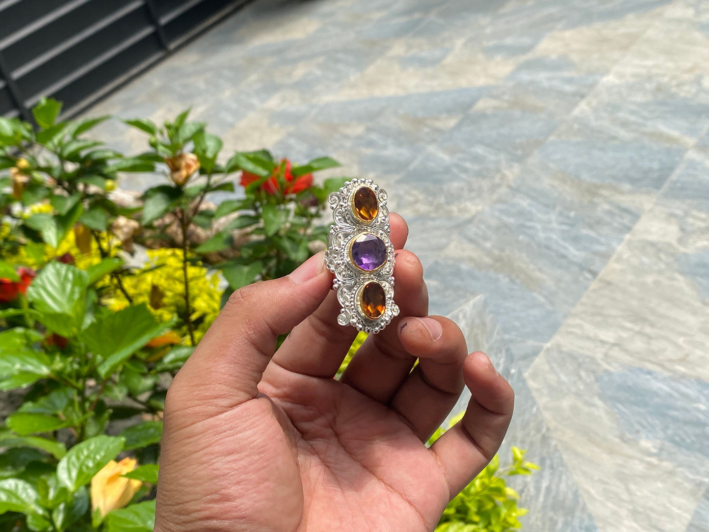Big Natural Citrine and Amethyst stone adorned ring, Adjustable Two Tone Ring, Handmade Nepali Ring.