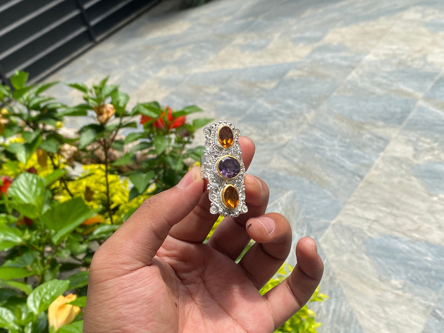 Big Natural Citrine and Amethyst stone adorned ring, Adjustable Two Tone Ring, Handmade Nepali Ring.