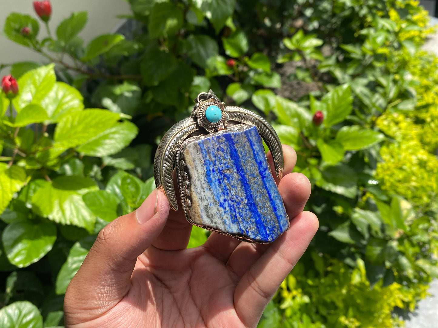 Big Natural Raw Lapis Pendant adorned with Tibetan Silver, Turquoise Pendant, Floral designed Pendant, Gift ideas, DailyWearHealingPendant.