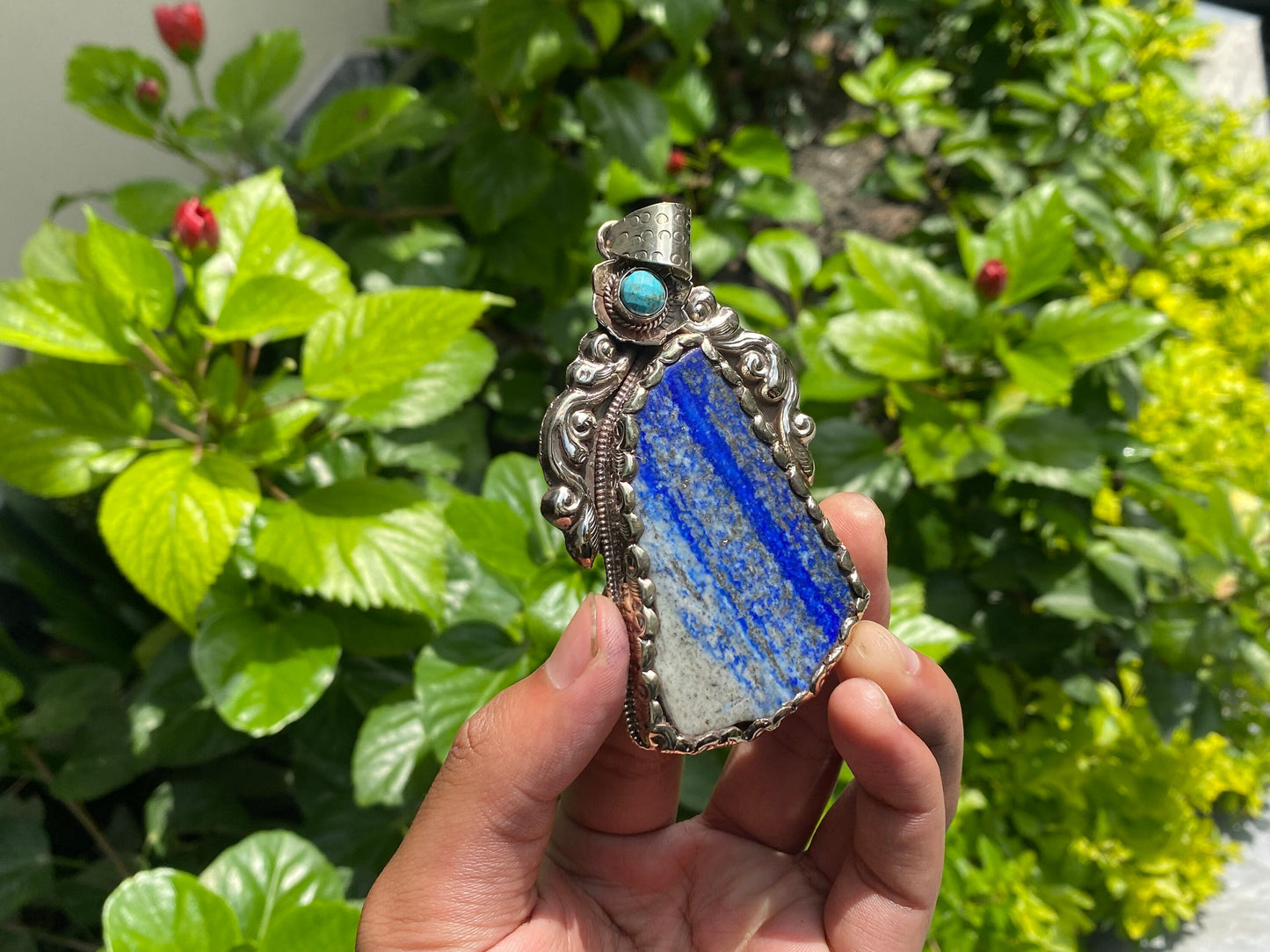 Big Natural Raw Lapis Pendant adorned with Tibetan Silver, Turquoise Pendant, Floral designed Pendant, Gift ideas, DailyWearHealingPendant.