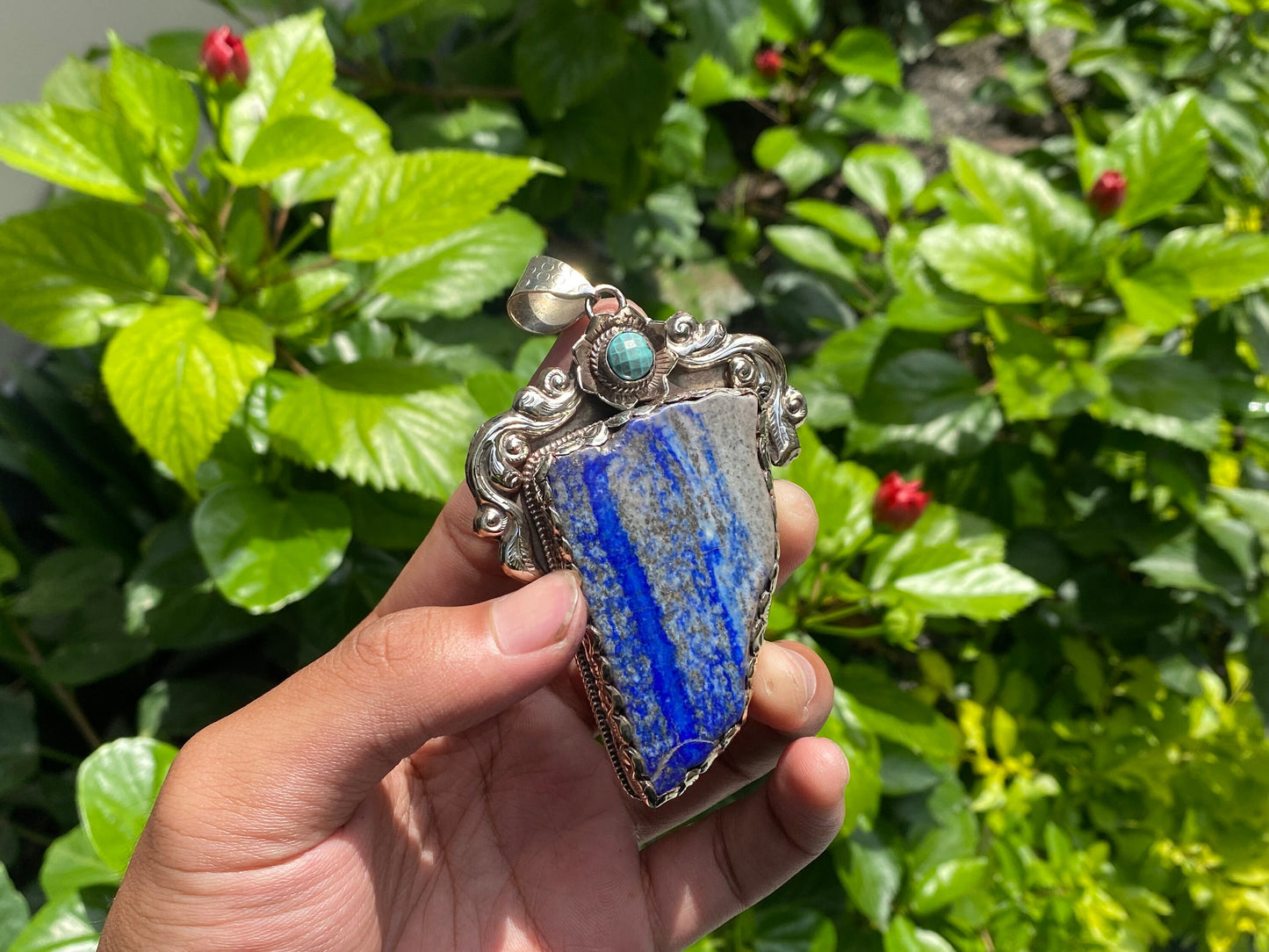 Big Natural Raw Lapis Pendant adorned with Tibetan Silver, Turquoise Pendant, Floral designed Pendant, Gift ideas, DailyWearHealingPendant.