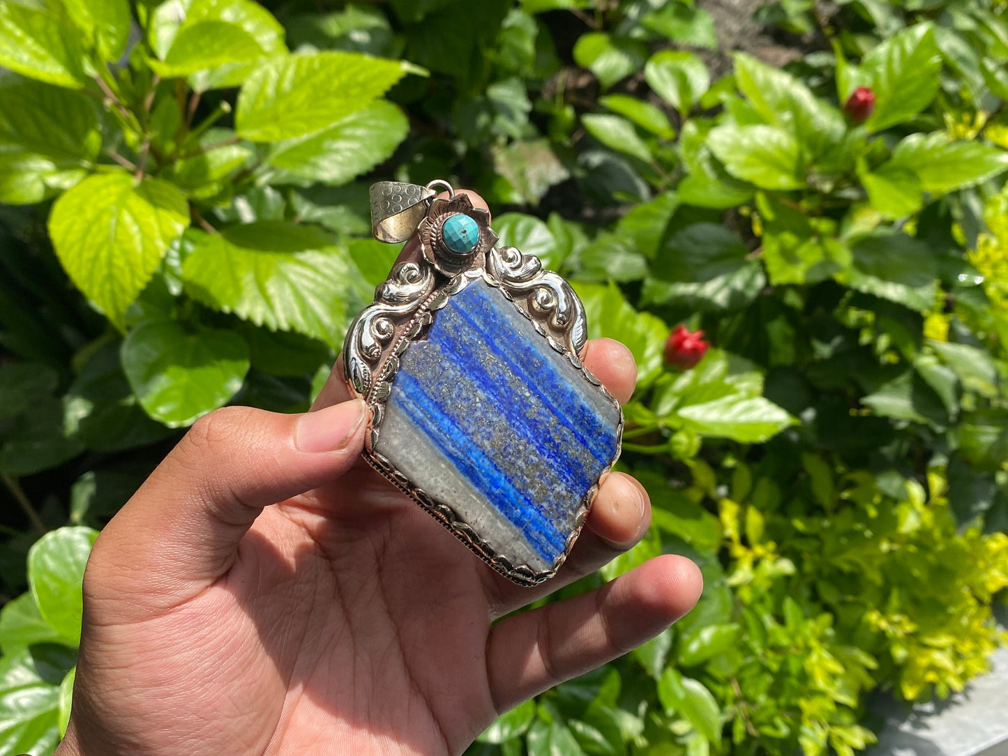 Big Natural Raw Lapis Pendant adorned with Tibetan Silver, Turquoise Pendant, Floral designed Pendant, Gift ideas, DailyWearHealingPendant.