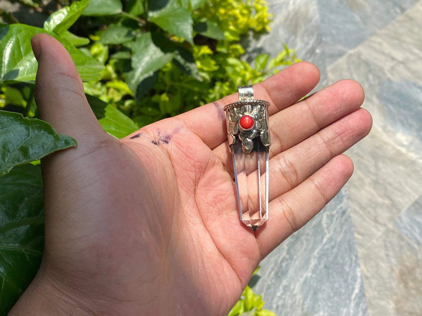 Big Pointed Natural Pendant, Gemstone pendant, Pendant for Daily wear, Handmade Pendant, Healing pendant, Coral Adorned Pendant.