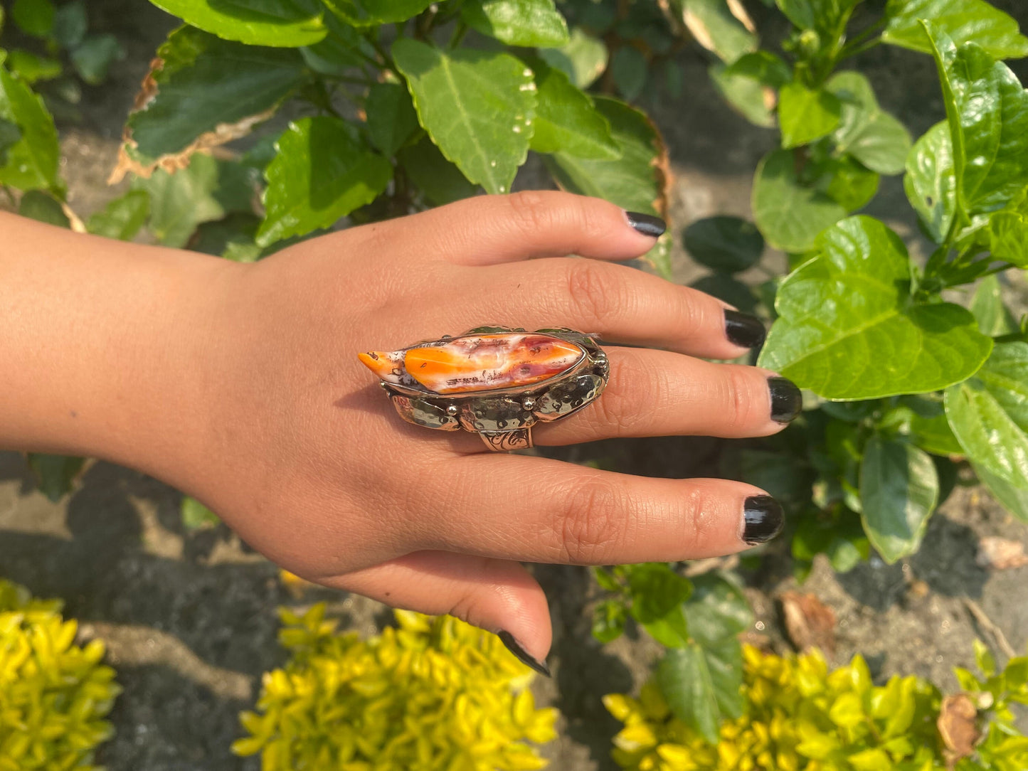 Big Spiny Orange Oyster Adjustable Ring, Unisex Ring made with Tibetan Silver.