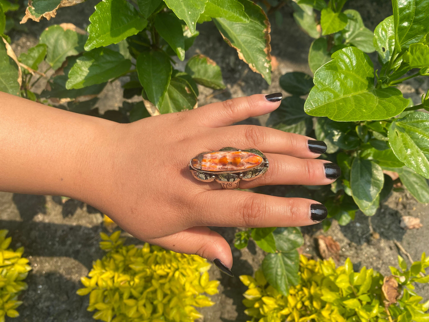 Big Spiny Orange Oyster Adjustable Ring, Unisex Ring made with Tibetan Silver.