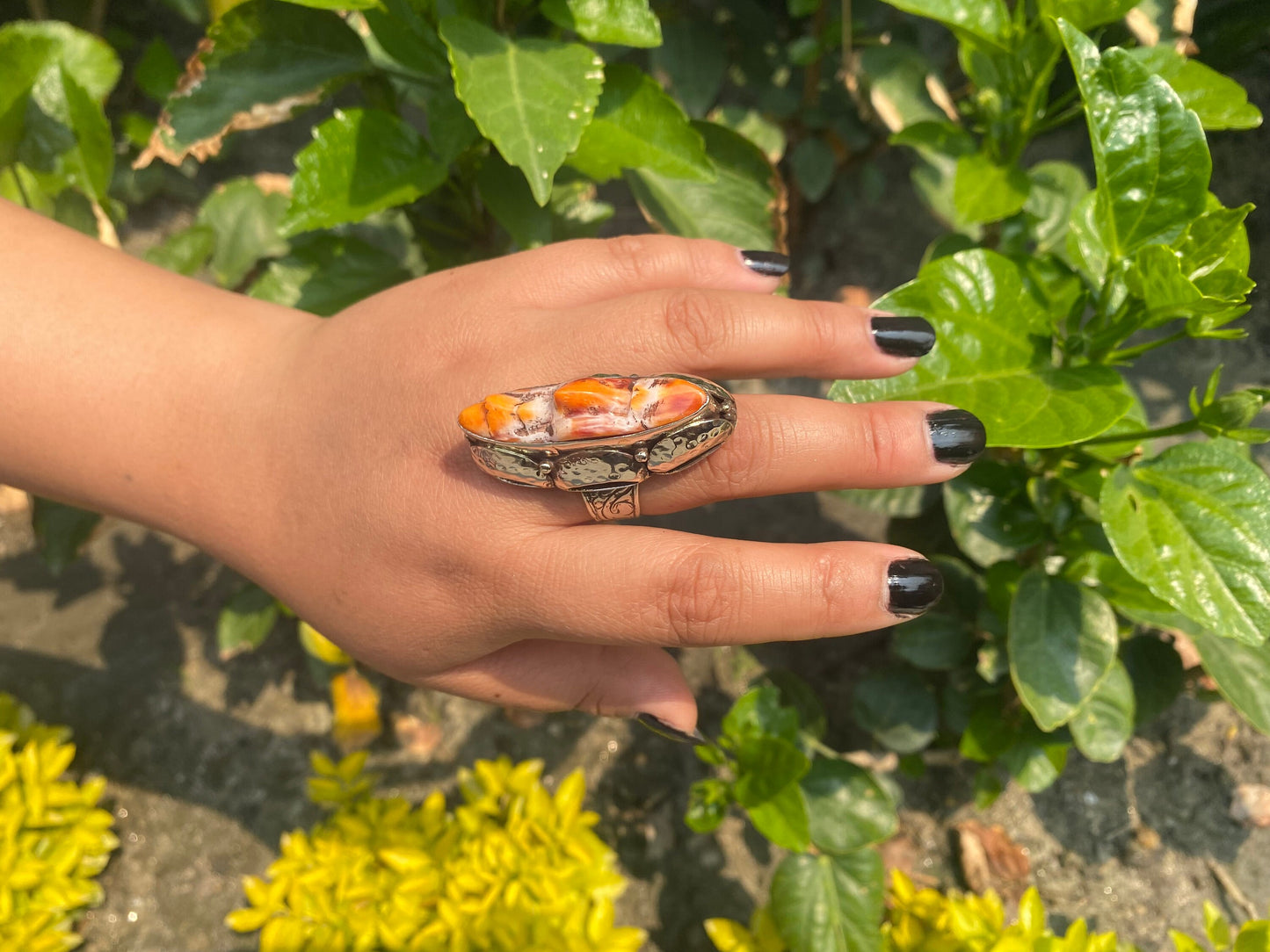 Big Spiny Orange Oyster Adjustable Ring, Unisex Ring made with Tibetan Silver.