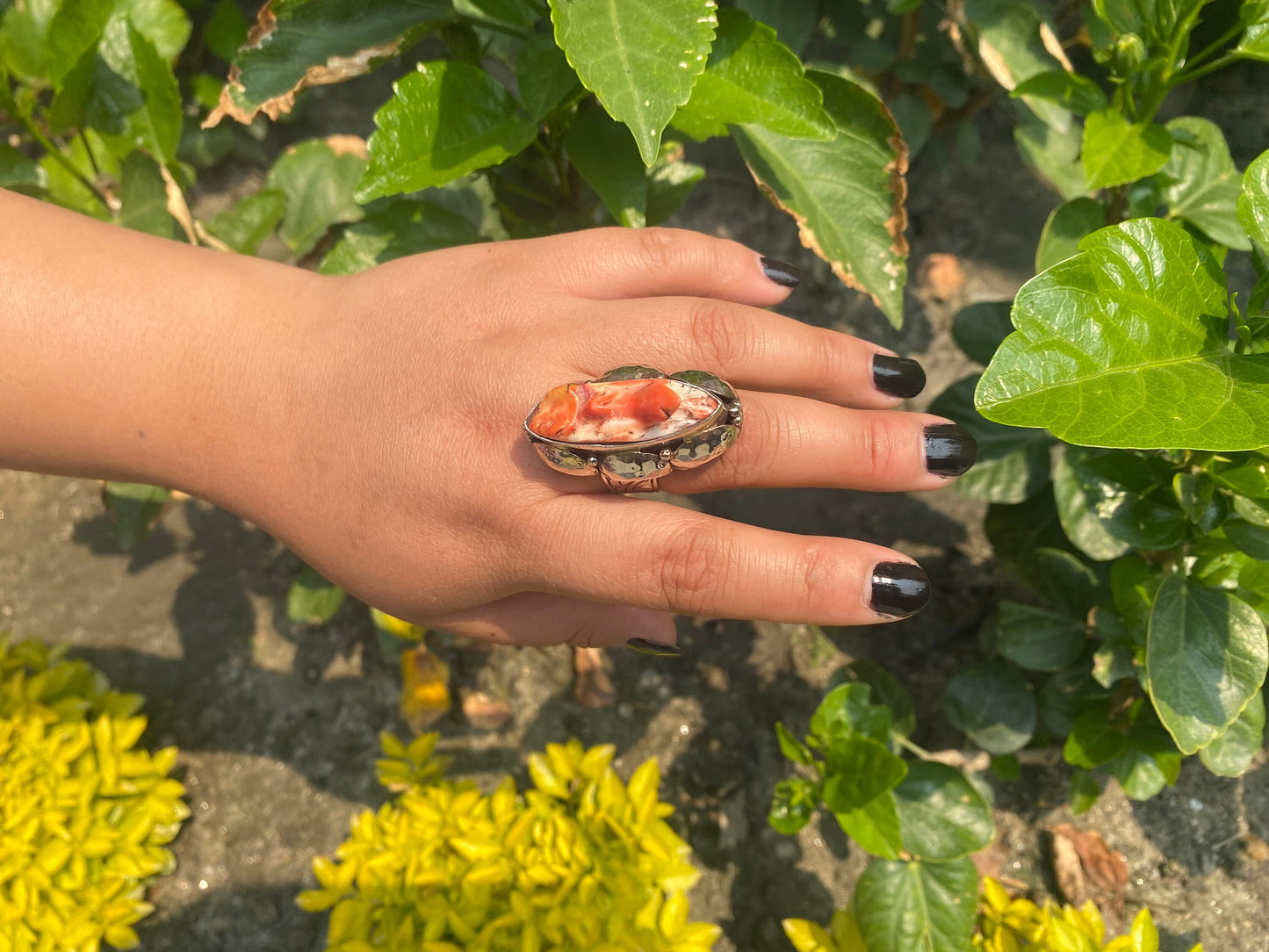 Big Spiny Orange Oyster Adjustable Ring, Unisex Ring made with Tibetan Silver.