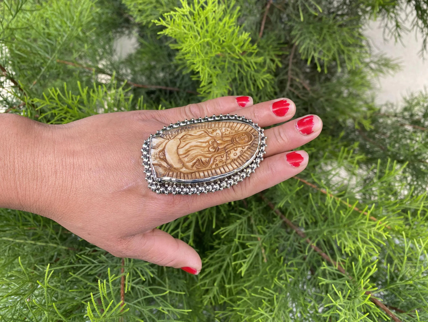 Big Adjustable Bone Carved Tibetan Silver Ring, Virgin Mary, Spiritual Catholic jewelry, Handmade Artisan Gift, Punk Jewelry, Statement Ring