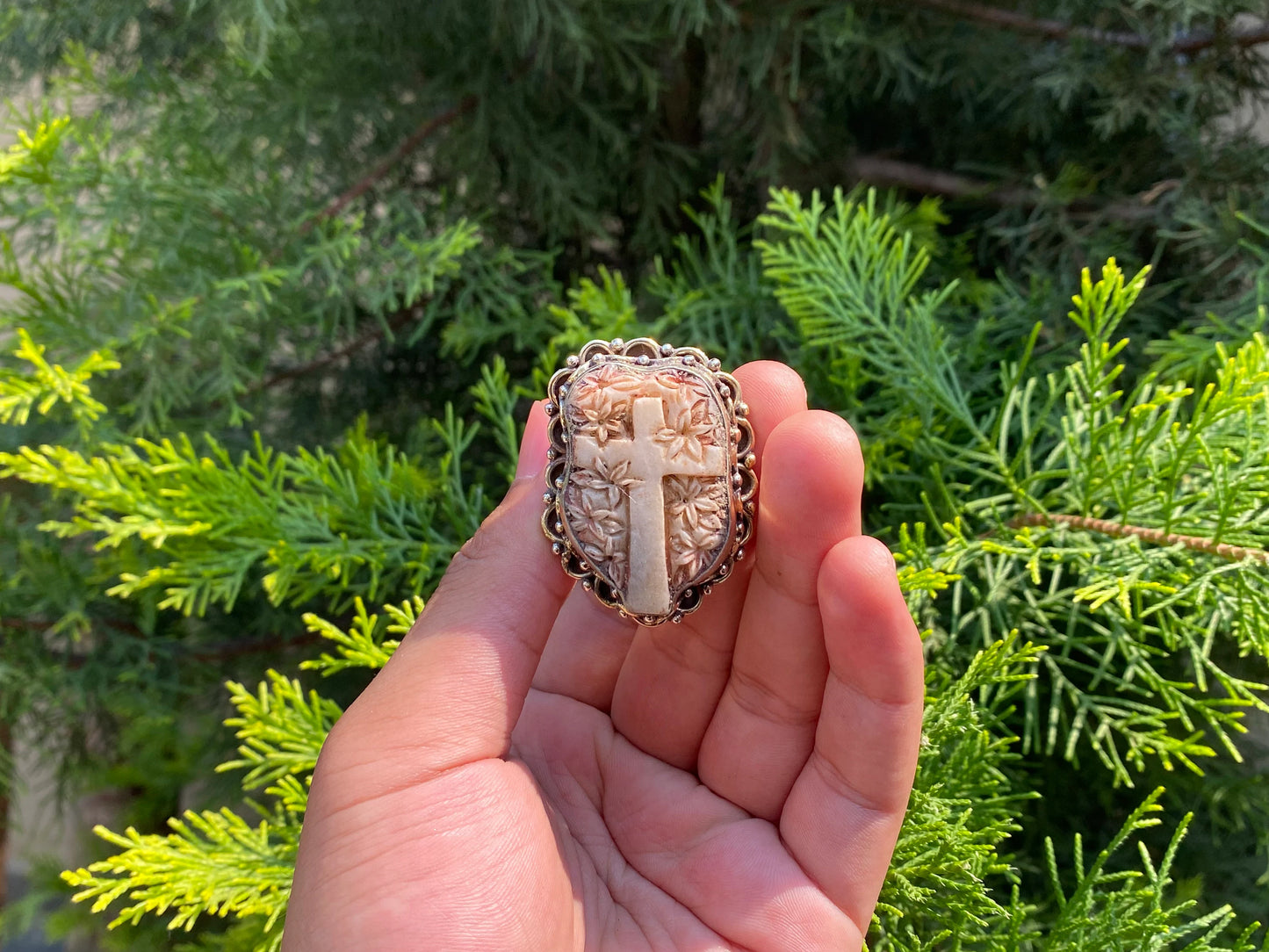 Big Adjustable Bone Carved Tibetan Silver Ring, Cross Ring, Floral design on Cross.