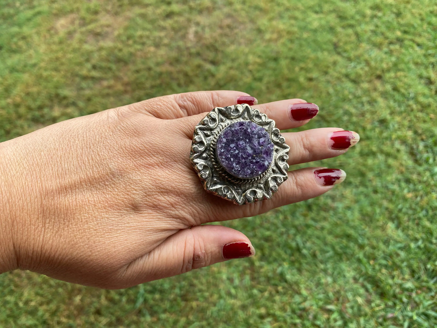 Big Adjustable Raw Amethyst Tibetan Silver Ring, Purple Raw Stone Rings, Purple Crystal, Sparkling Druzy, Handcrafted Ring Nature Inspired