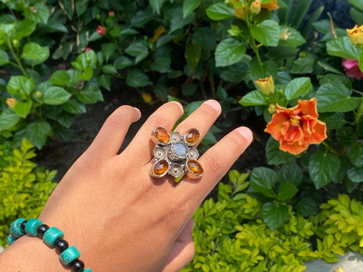 Big adjustable Ring, Handmade Ring, Hammered Ring, Daily wear Ring, Citrine and White topaz adorned Ring, Tibetan Silver Ring, Boho Ring.
