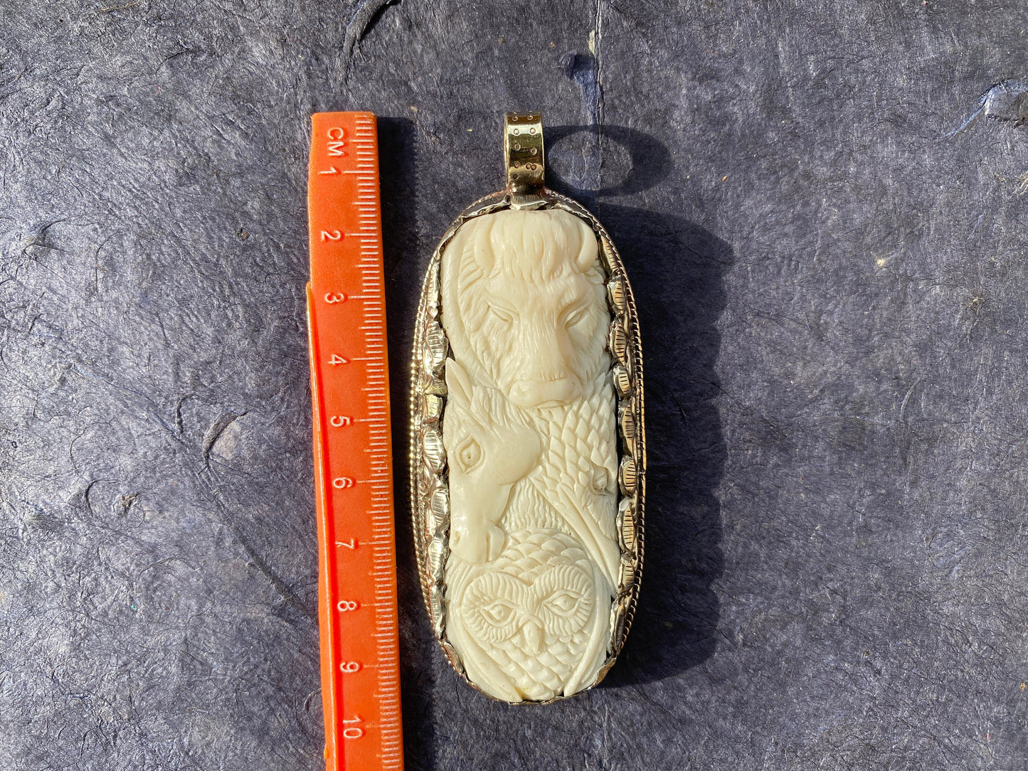 Bison Head With Eagle And Horse Carved Bone Tibetan Silver Pendant, Dragon Pendant for Necklace, Animal Gift Jewelry, Gift For Men or Women