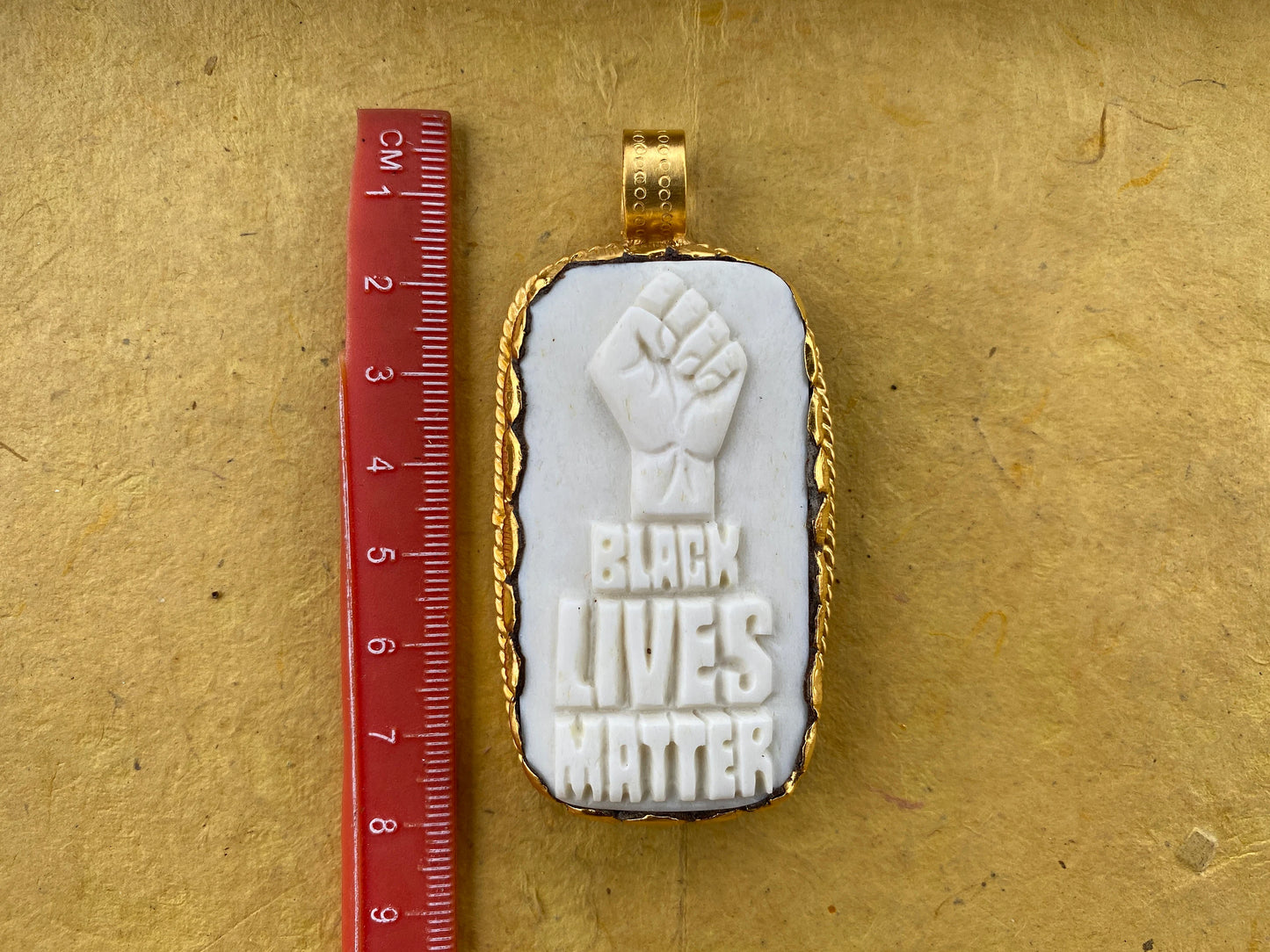 Black Lives Matter Carved Buffalo Bone Pendant, 18K Brushed Gold Overlay Non Tarnish Pendant for Men & Women, Support for Black People, BLM