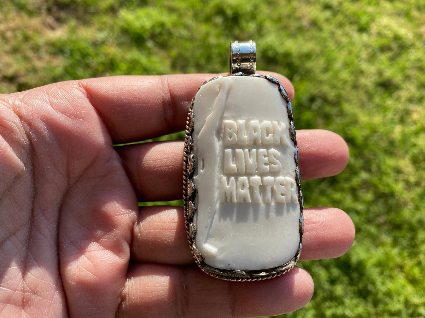 Black Lives Matter Hand carved Buffalo Bone Tibetan Silver Pendant, for Men / Women, Support for Black People, Black Power Jewelry, BLM Fist