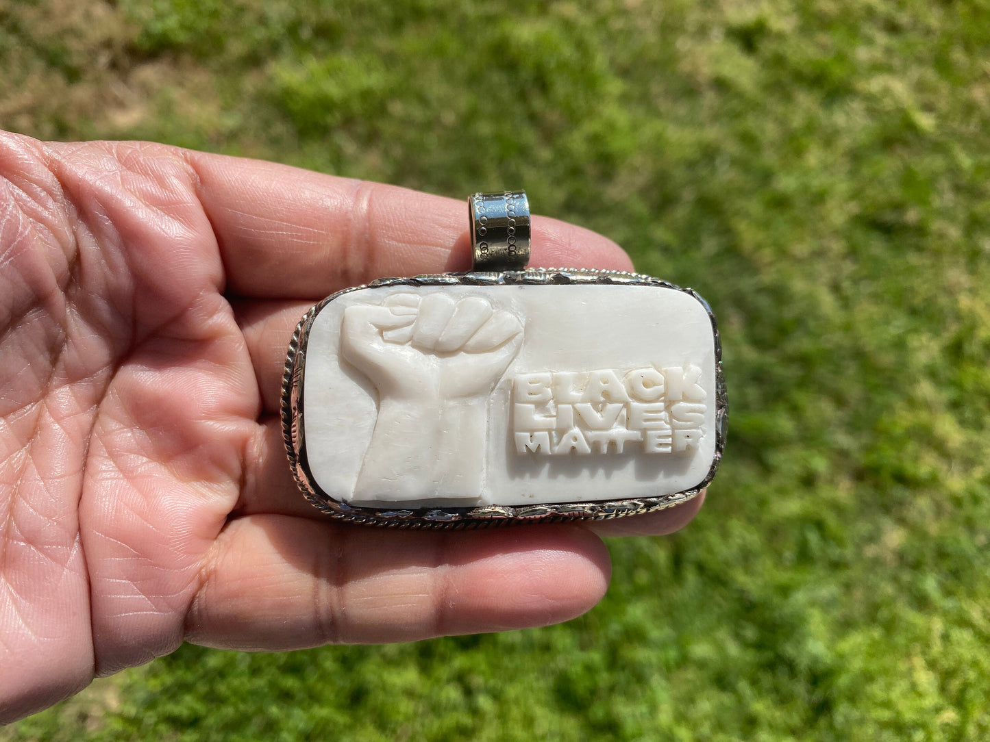 Black Lives Matter Hand carved Buffalo Bone Tibetan Silver Pendant, for Men / Women, Support for Black People, Black Power Jewelry, BLM Fist