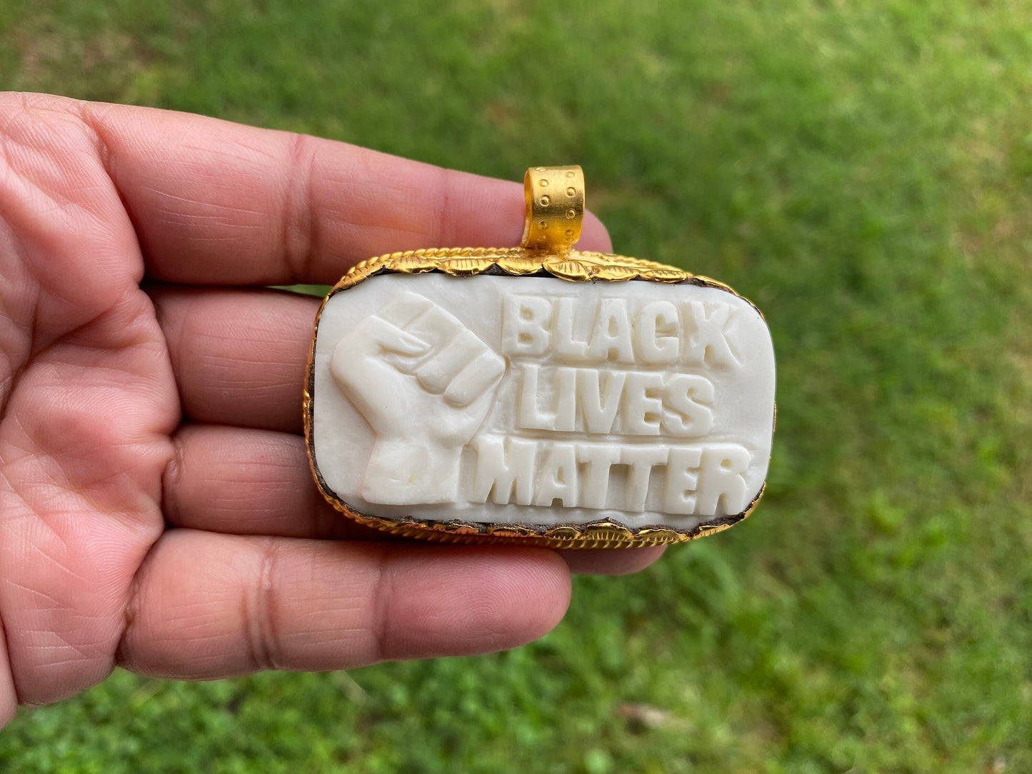 Black Lives Matter, High Quality 18K Matte Gold Overlay Non Tarnish, Hand carved Buffalo Bone Unisex Pendant, Support for Black People, BLM