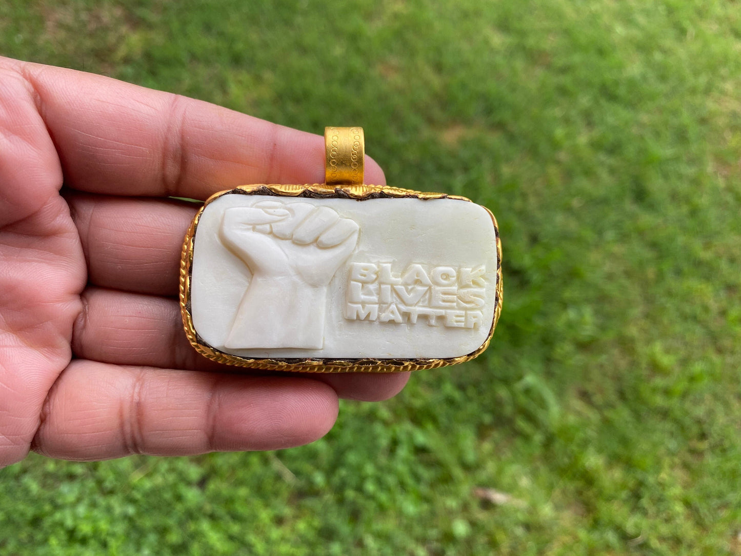 Black Lives Matter, High Quality 18K Matte Gold Overlay Non Tarnish, Hand carved Buffalo Bone Unisex Pendant, Support for Black People, BLM