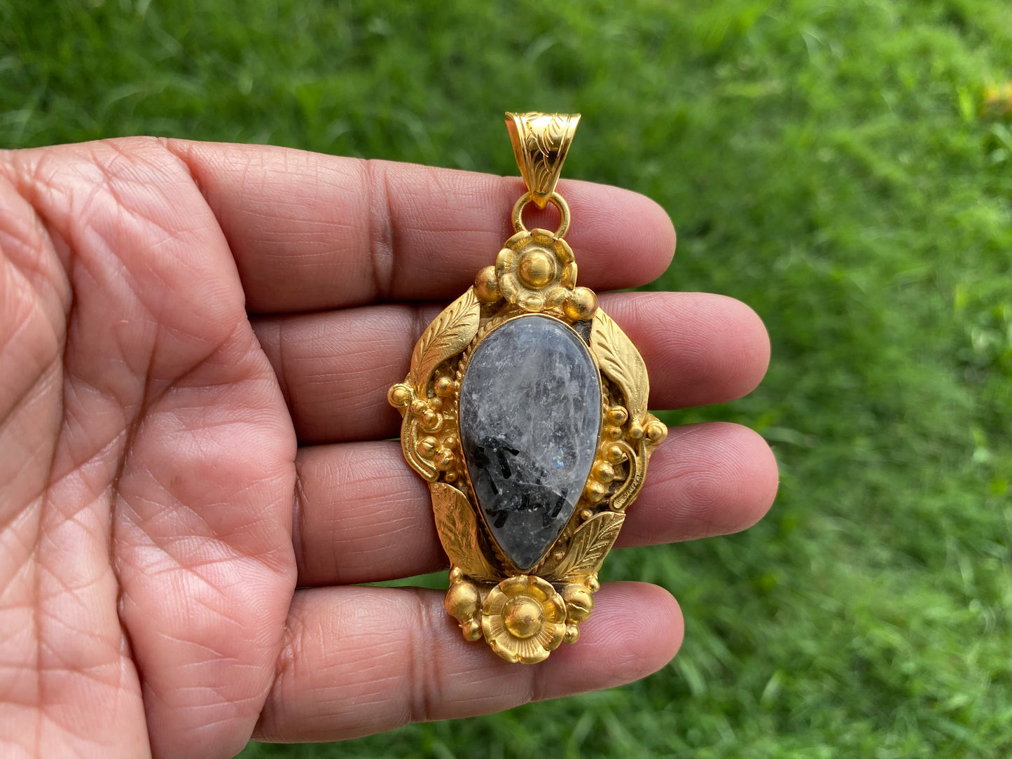 Black Tourmaline Rutile Quartz, High Quality 18K Matte Gold Overlay, Non Tarnish Jewelry, Ethnic Jewelry, Natural Gemstone, Healing Crystal