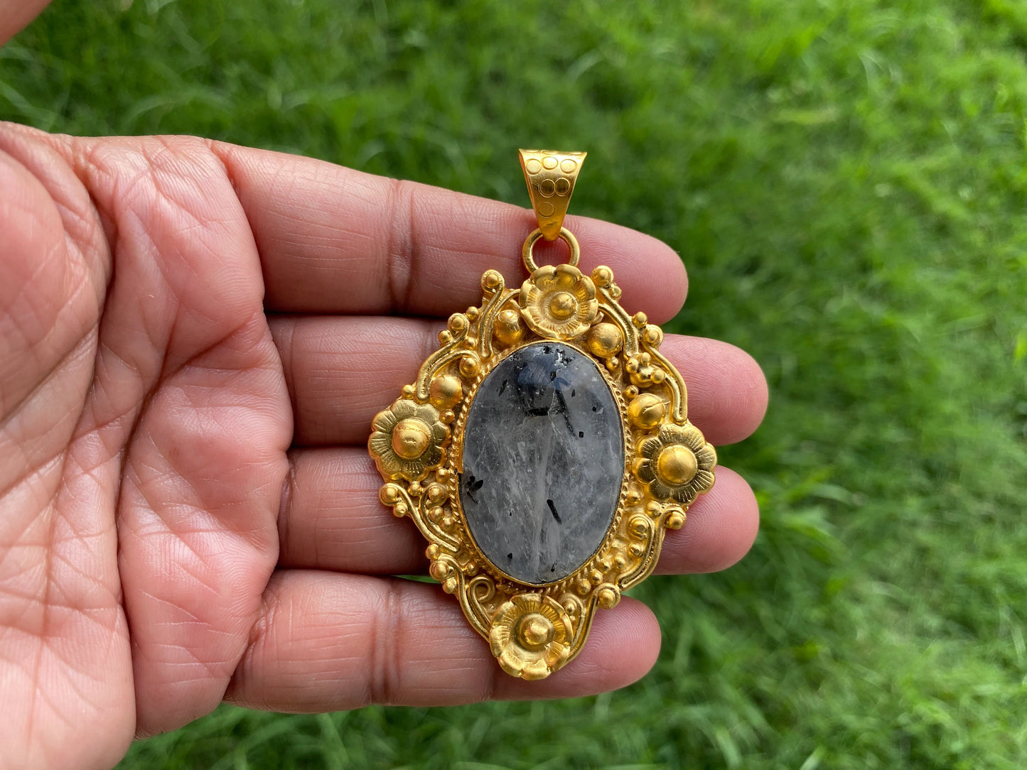 Black Tourmaline Rutile Quartz, High Quality 18K Matte Gold Overlay, Non Tarnish Jewelry, Ethnic Jewelry, Natural Gemstone, Healing Crystal