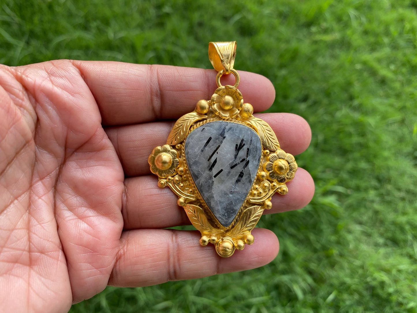 Black Tourmaline Rutile Quartz, High Quality 18K Matte Gold Overlay, Non Tarnish Jewelry, Ethnic Jewelry, Natural Gemstone, Healing Crystal