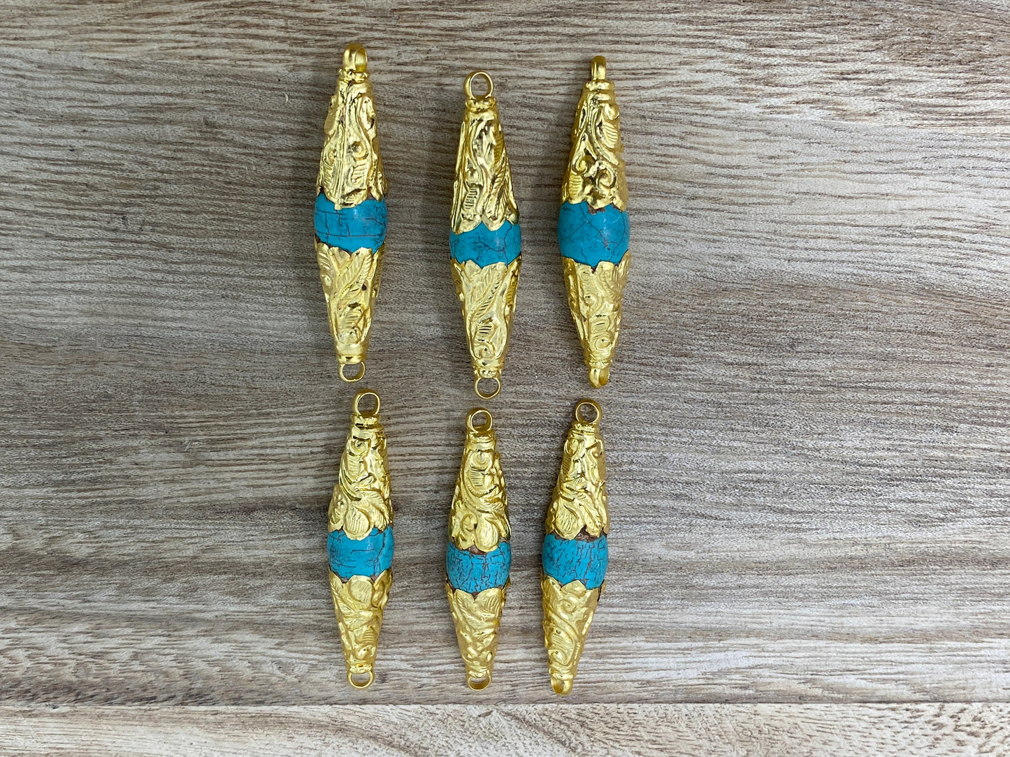 Blue Turquoise Nepal Beads, Two sided Bail,Matte Gold overlay, Himalayan Boho Ethnic Tribal Yoga Beads, Beads for Necklace, Jewelry Supplies