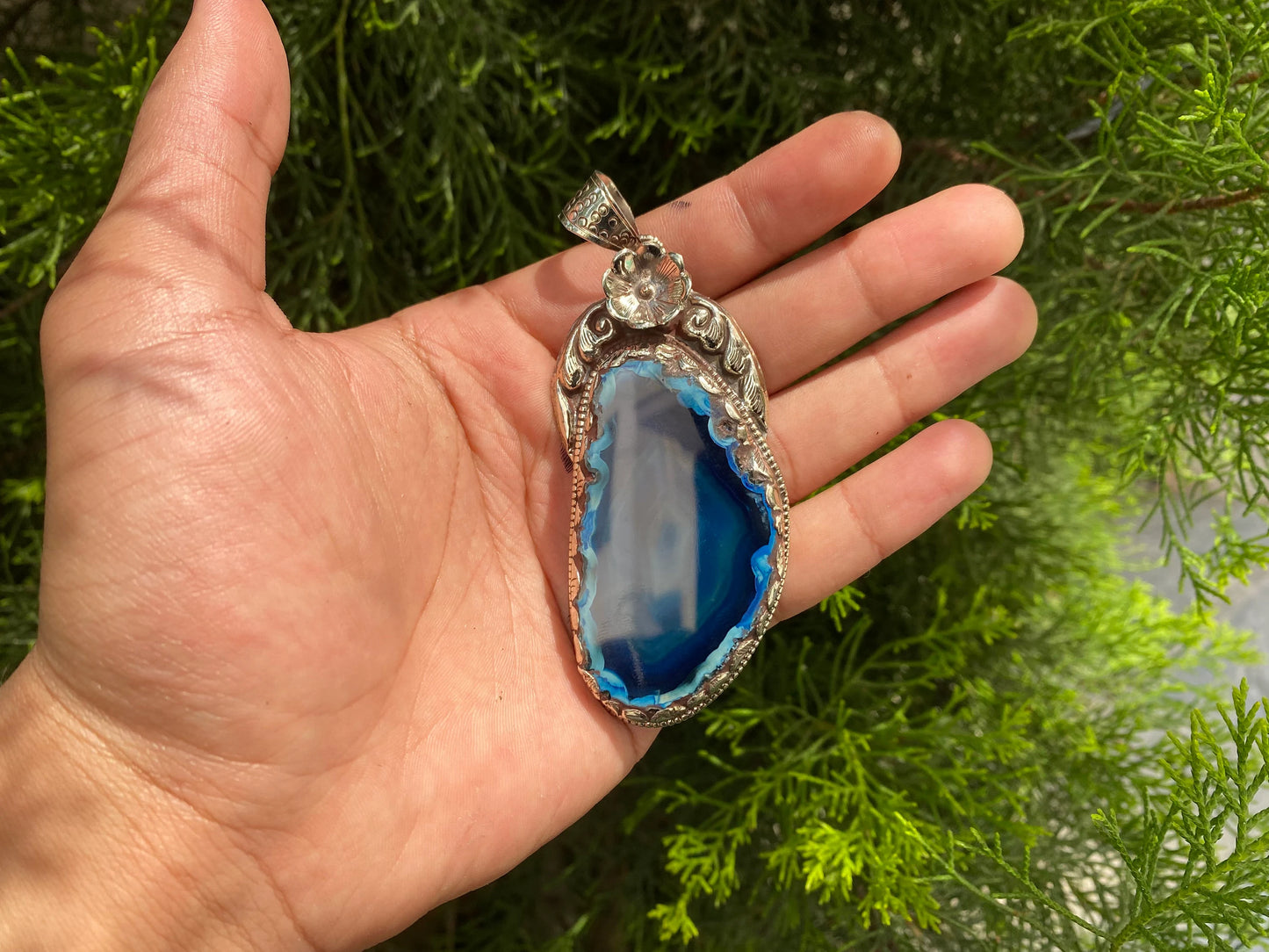 Blue and Purple Agate Pendant with Intricate Tibetan Silver Floral Detail, Bohemian Agate Pendant with Tibetan Silver Floral Carving.