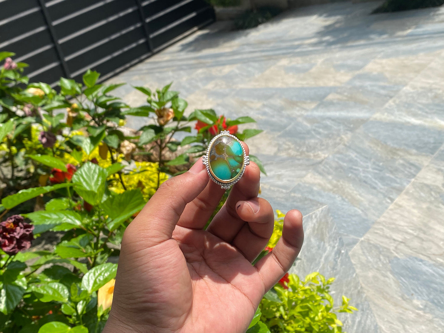 Bohemian Beauty: Adjustable Turquoise Adorned Ring, Two tone Ring, Handmade Nepali Ring, Unisex Ring.