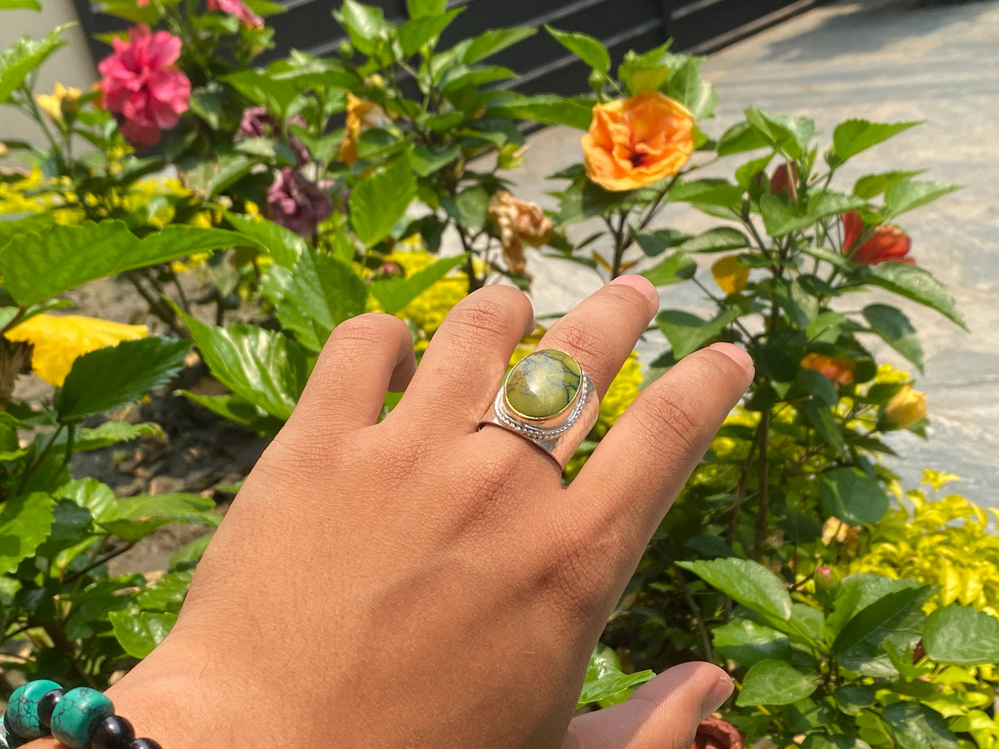 Bohemian Bliss: Adjustable Turquoise Two Tone Ring, Gold and Silver overlay over brass, Aesthetic Ring, Hammered ring.