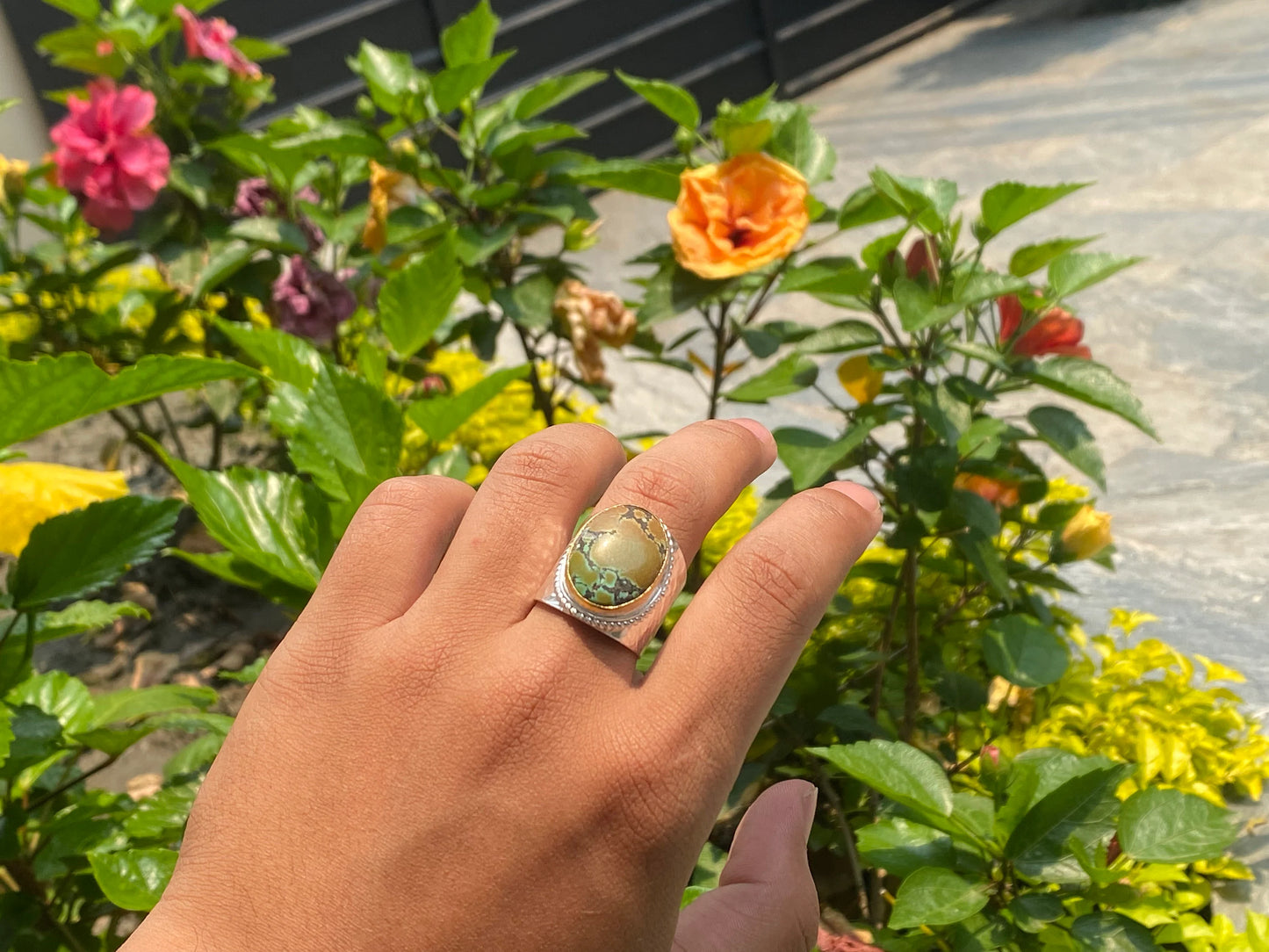 Bohemian Bliss: Adjustable Turquoise Two Tone Ring, Gold and Silver overlay over brass, Aesthetic Ring, Hammered ring.