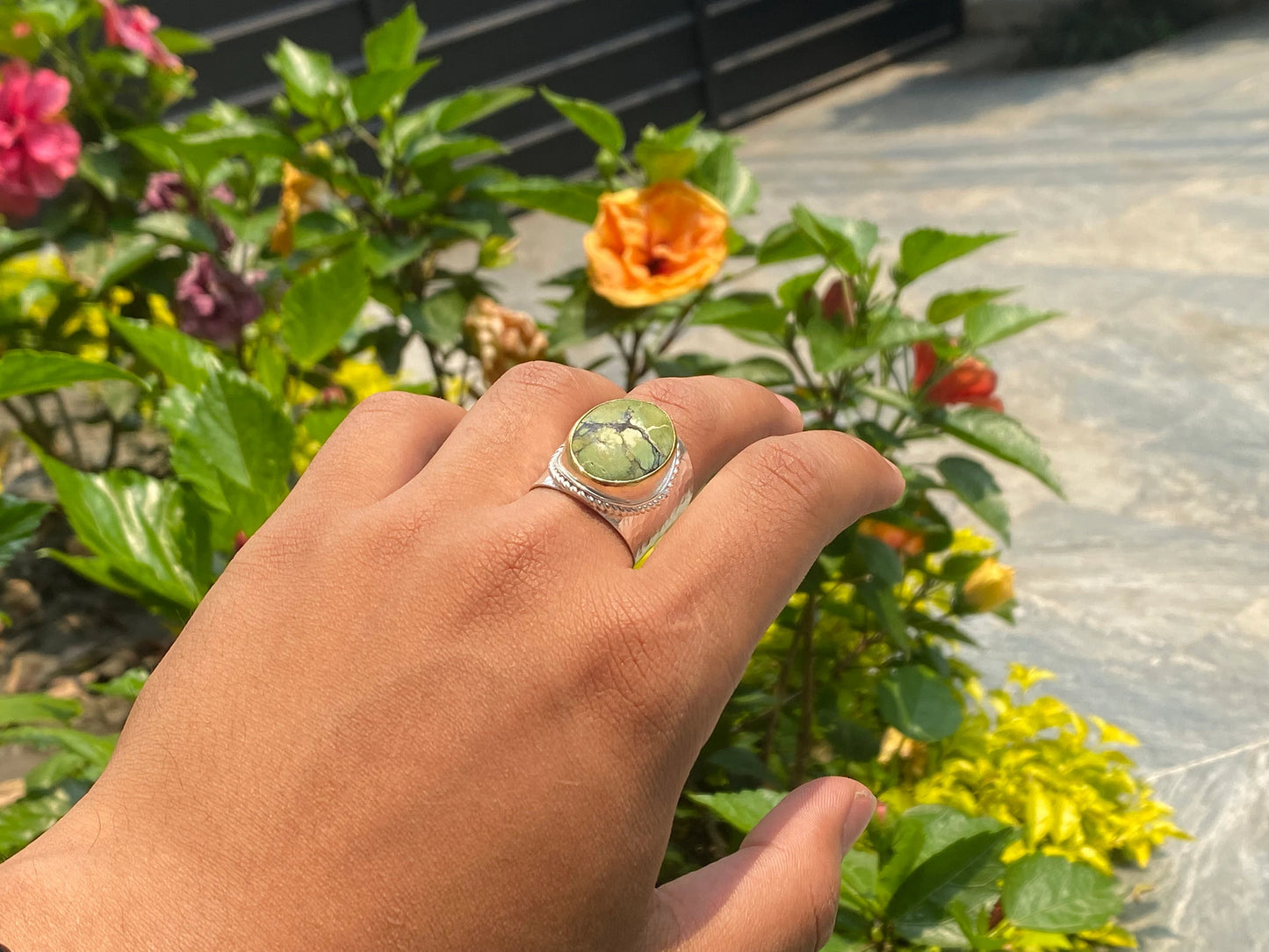 Bohemian Bliss: Adjustable Turquoise Two Tone Ring, Gold and Silver overlay over brass, Aesthetic Ring, Hammered ring.