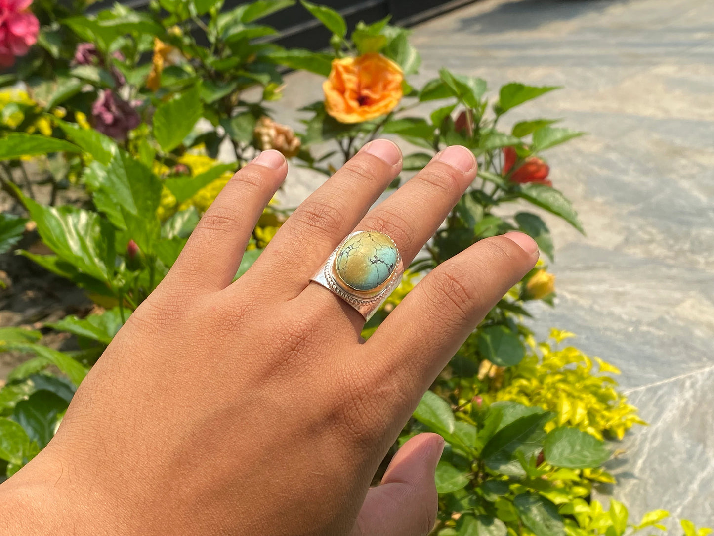 Bohemian Bliss: Adjustable Turquoise Two Tone Ring, Gold and Silver overlay over brass, Aesthetic Ring, Hammered ring.