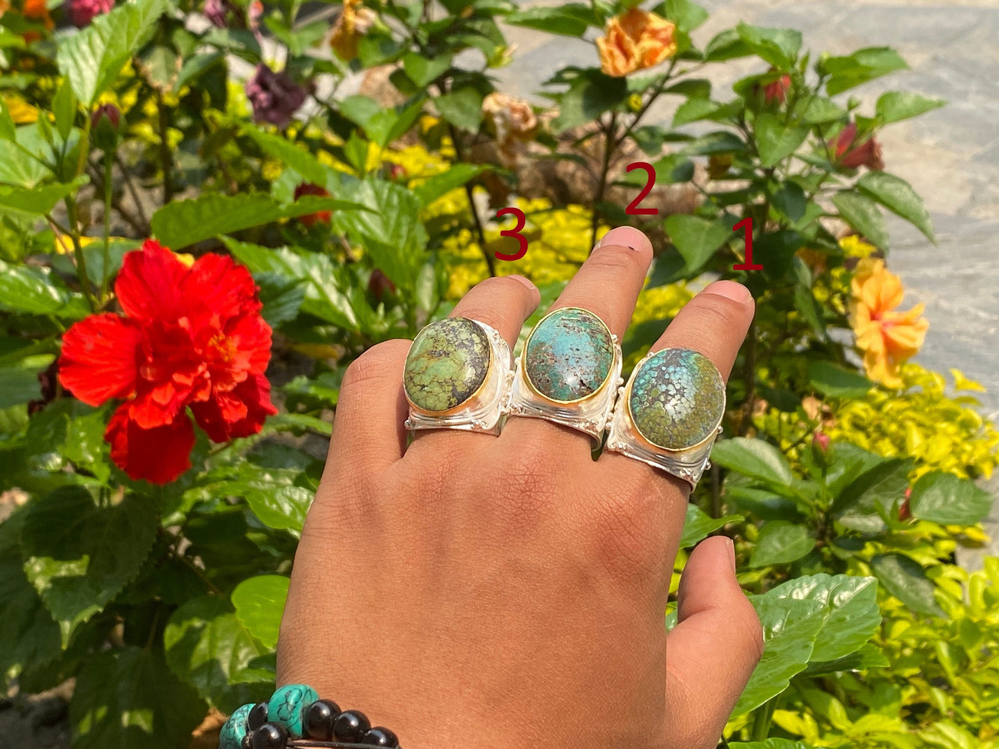 Boho Bliss: Two-Tone Adjustable Turquoise Ring, Hammered Ring, Handmade ring, Silver and Gold overlay over Brass.
