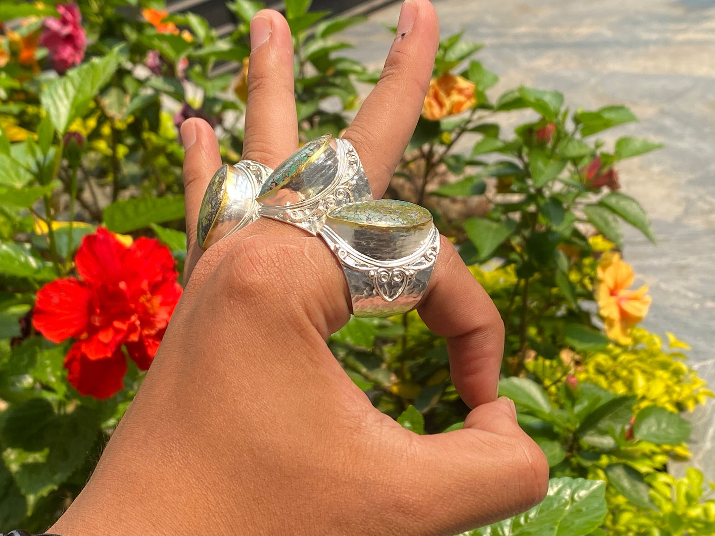 Boho Bliss: Two-Tone Adjustable Turquoise Ring, Hammered Ring, Handmade ring, Silver and Gold overlay over Brass.