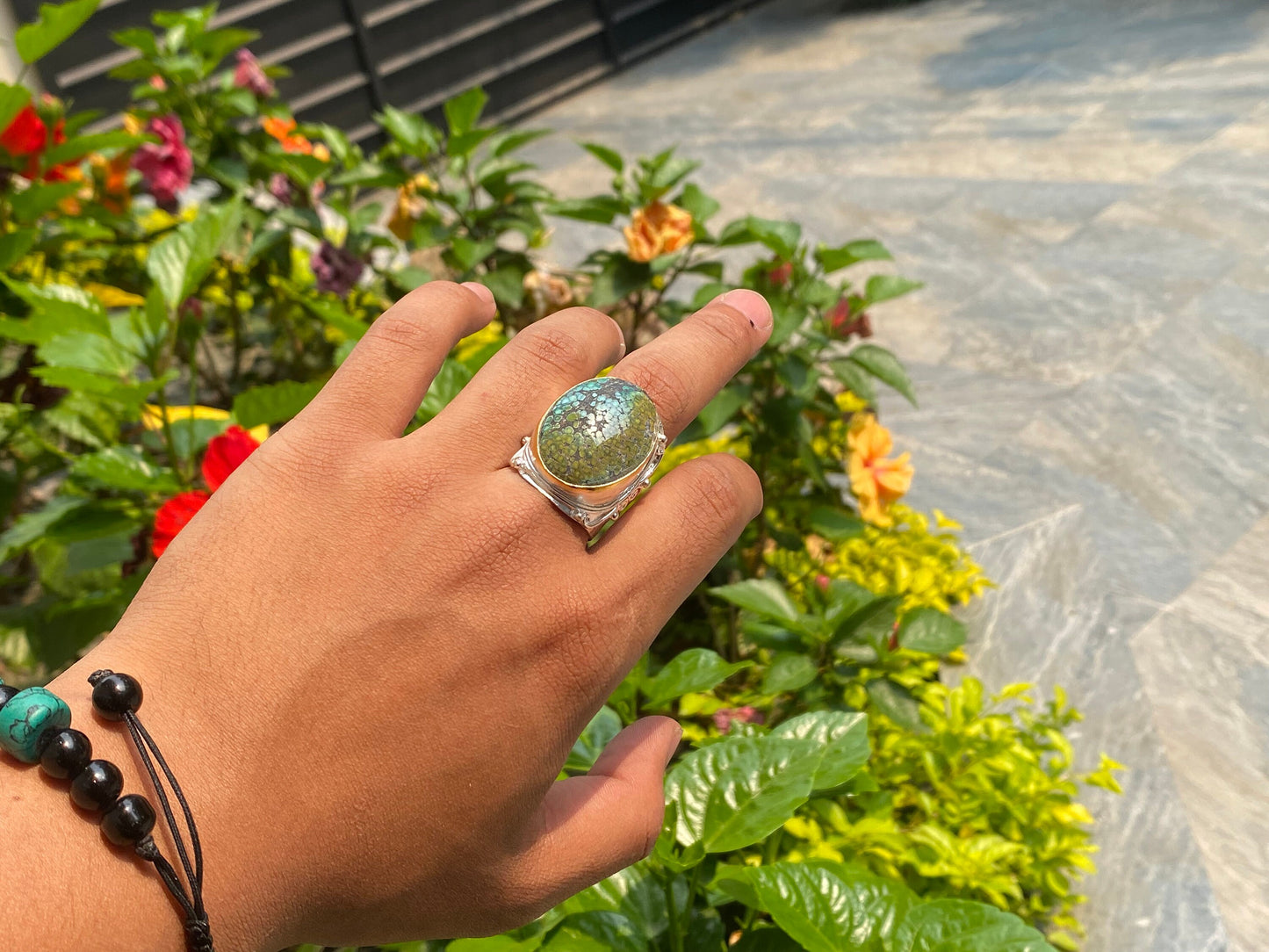 Boho Bliss: Two-Tone Adjustable Turquoise Ring, Hammered Ring, Handmade ring, Silver and Gold overlay over Brass.
