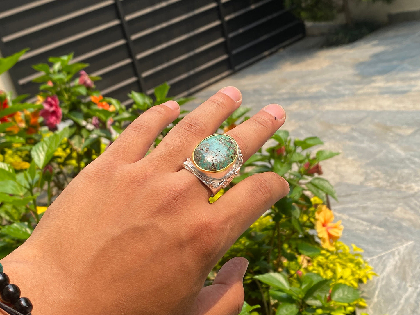 Boho Bliss: Two-Tone Adjustable Turquoise Ring, Hammered Ring, Handmade ring, Silver and Gold overlay over Brass.