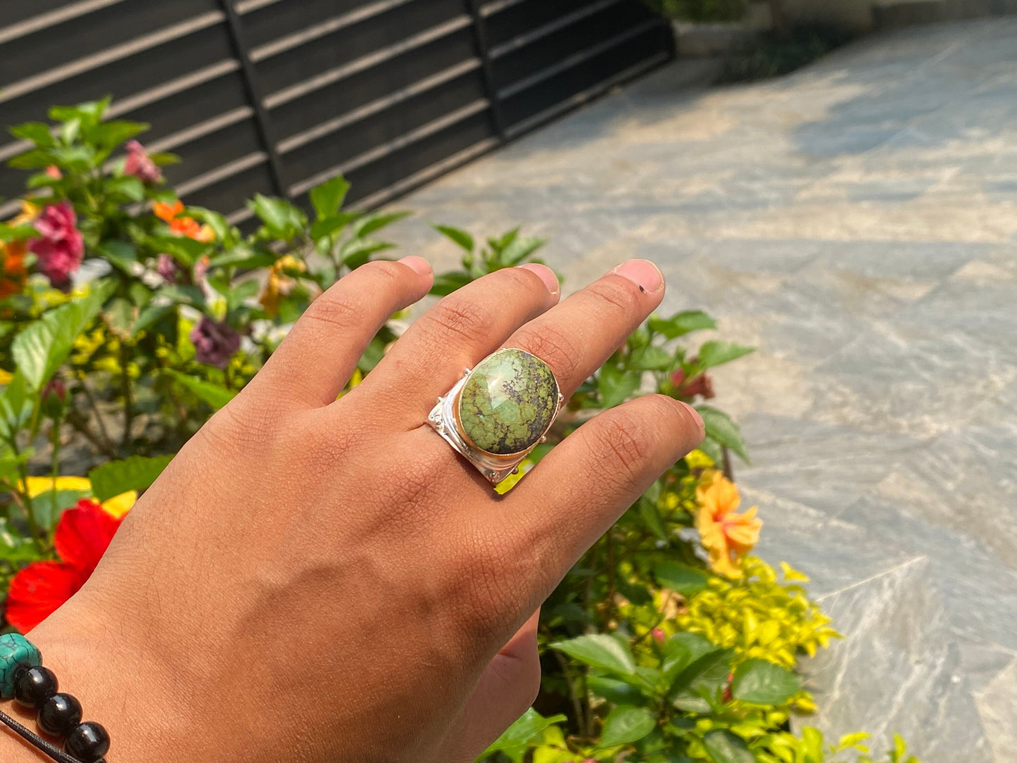 Boho Bliss: Two-Tone Adjustable Turquoise Ring, Hammered Ring, Handmade ring, Silver and Gold overlay over Brass.