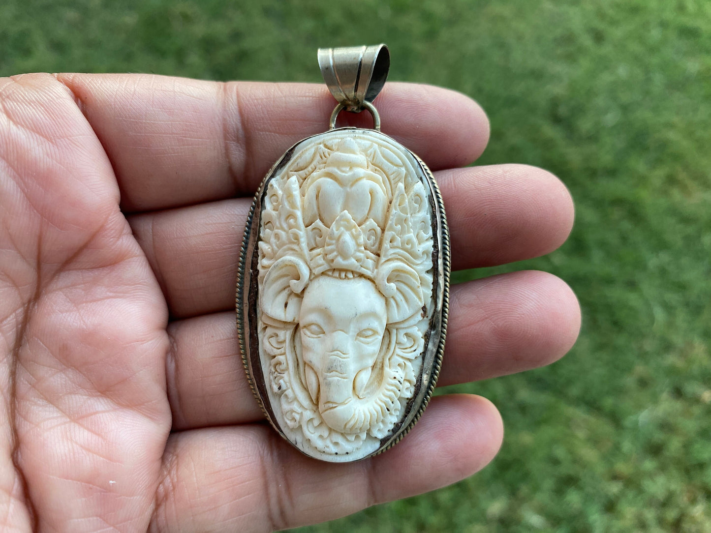 Bone Carved Ganesh Pendant, Tibetan Silver, Yoga Pendant, Himalayan, Tribal, Ethnic, Tibetan Pendant, Handmade, Repousse Silver, Elephant