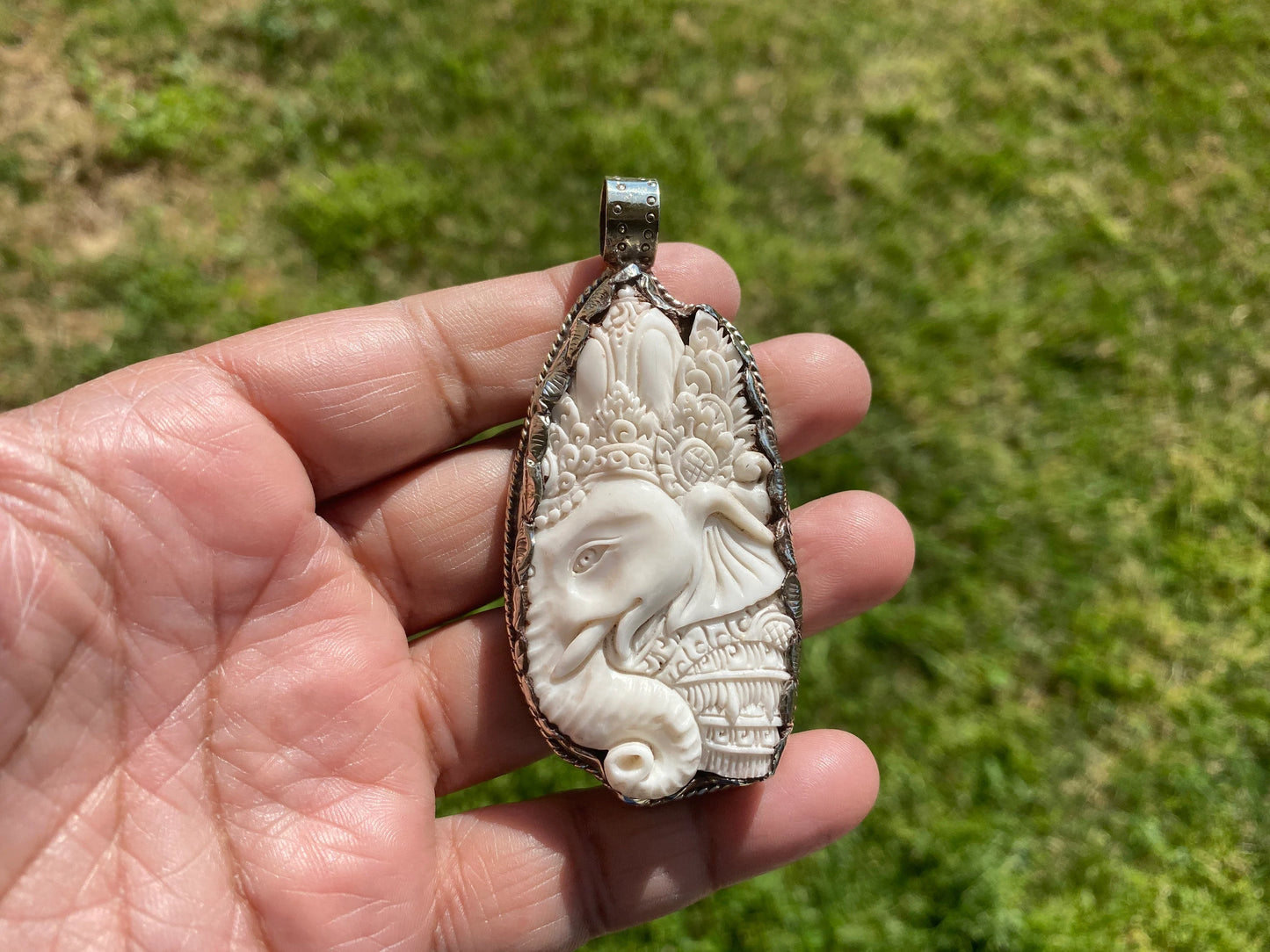 Bone Carved Ganesh Tibetan Silver Pendant, Buffalo Bone, Yoga Pendant, Ethnic Jewelry, Tribal, Spiritual Pendant for Men or Women, Hindu God