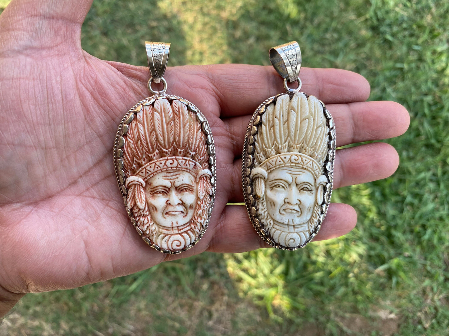 Bone Carved Indian Chief Tibetan Silver Pendant, Native Inspiration, Cultural Heritage, Tribal Jewelry, Tribal Leader, Heritage Jewelry