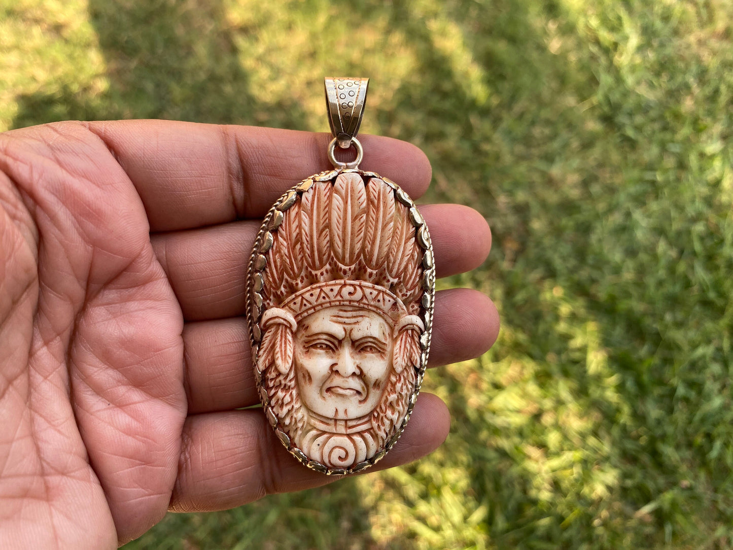 Bone Carved Indian Chief Tibetan Silver Pendant, Native Inspiration, Cultural Heritage, Tribal Jewelry, Tribal Leader, Heritage Jewelry