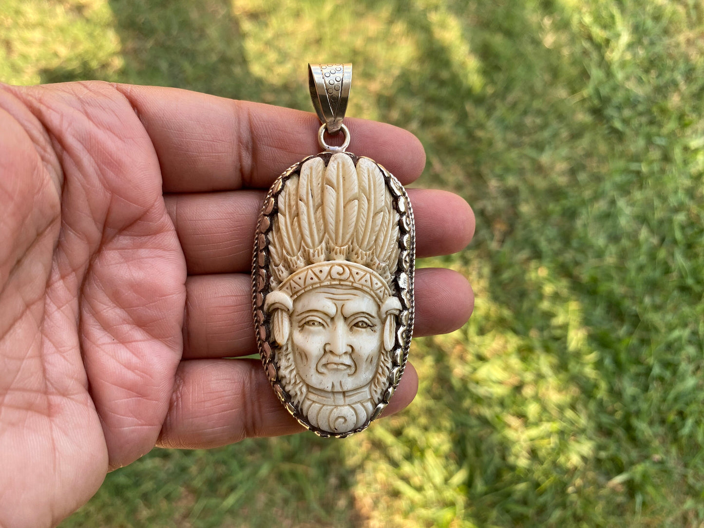 Bone Carved Indian Chief Tibetan Silver Pendant, Native Inspiration, Cultural Heritage, Tribal Jewelry, Tribal Leader, Heritage Jewelry