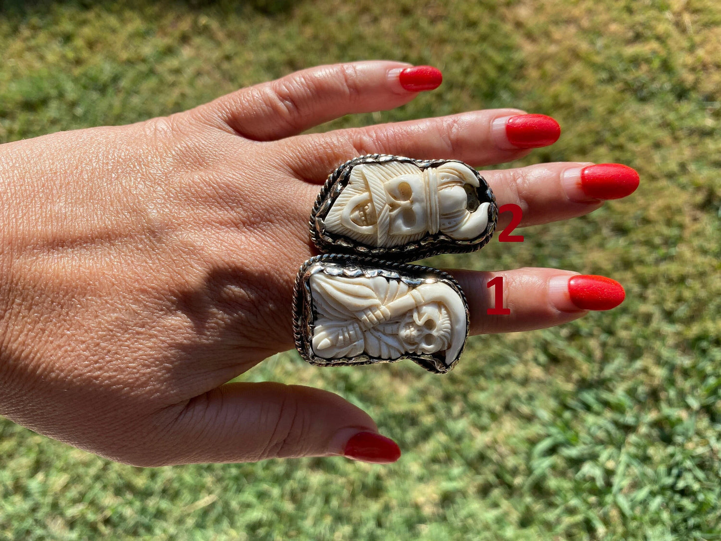 Big Adjustable Ring, Bone Carved Viking King Skull or Grim Reaper Tibetan Silver Ring, Statement Ring, Bohemian Ring, Unisex Jewelry Gift