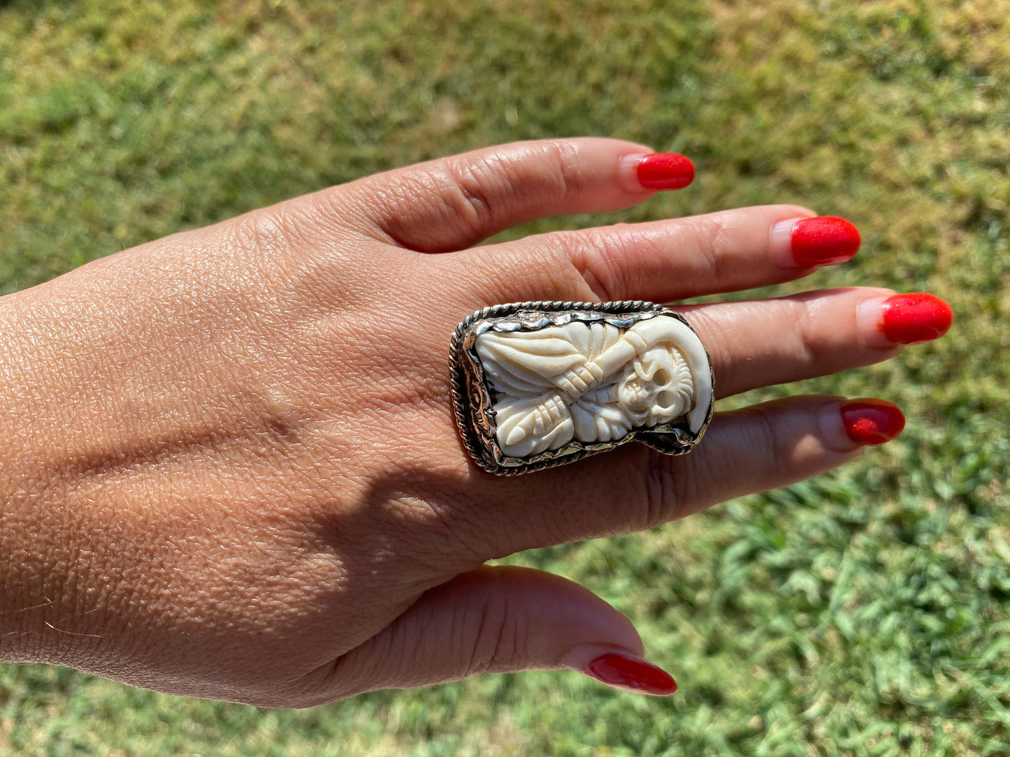 Big Adjustable Ring, Bone Carved Viking King Skull or Grim Reaper Tibetan Silver Ring, Statement Ring, Bohemian Ring, Unisex Jewelry Gift