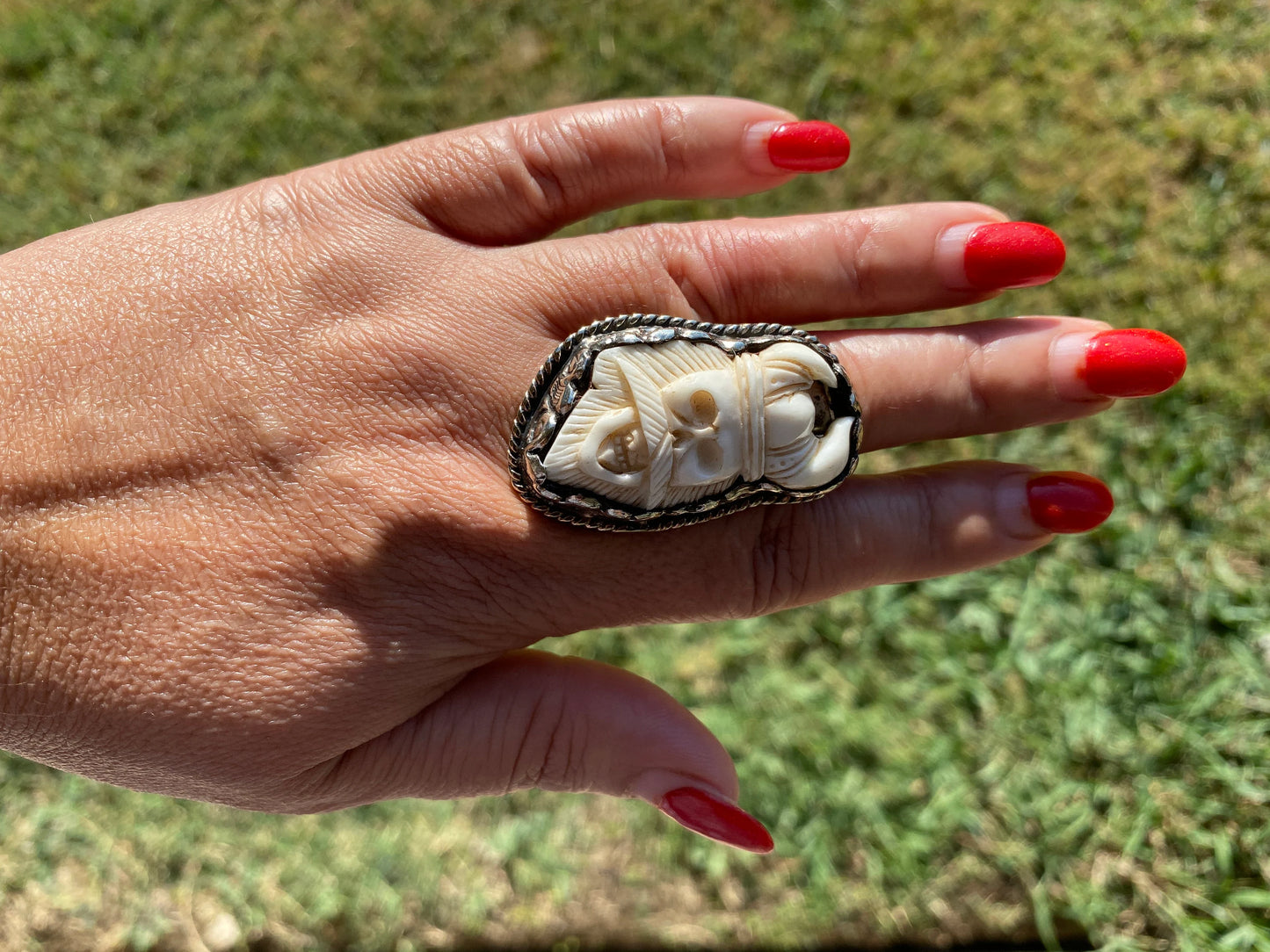 Big Adjustable Ring, Bone Carved Viking King Skull or Grim Reaper Tibetan Silver Ring, Statement Ring, Bohemian Ring, Unisex Jewelry Gift
