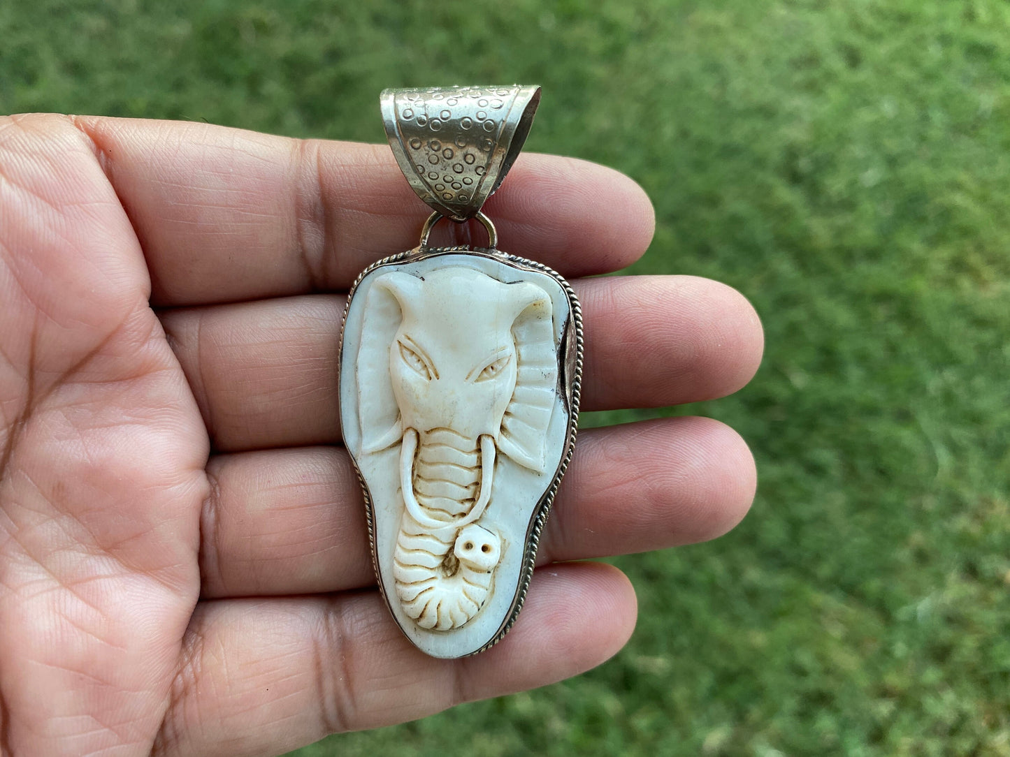 Bone carved Elephant Pendant, Tibetan Silver, Himalayan, Tribal, Ethnic, Ganesha Pendant, Lotus Flower Designs, Handmade Repousse Silver
