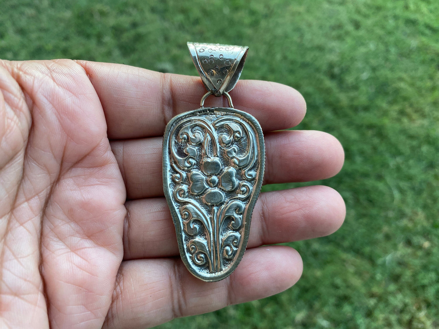 Bone carved Elephant Pendant, Tibetan Silver, Himalayan, Tribal, Ethnic, Ganesha Pendant, Lotus Flower Designs, Handmade Repousse Silver