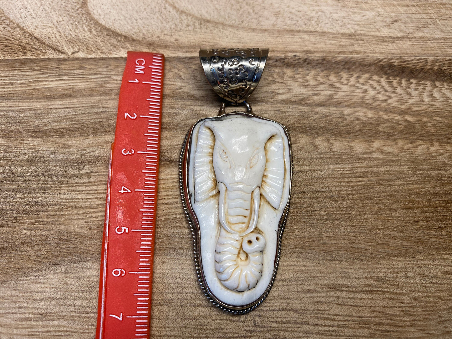 Bone carved Elephant Pendant, Tibetan Silver, Himalayan, Tribal, Ethnic, Ganesha Pendant, Lotus Flower Designs, Handmade Repousse Silver