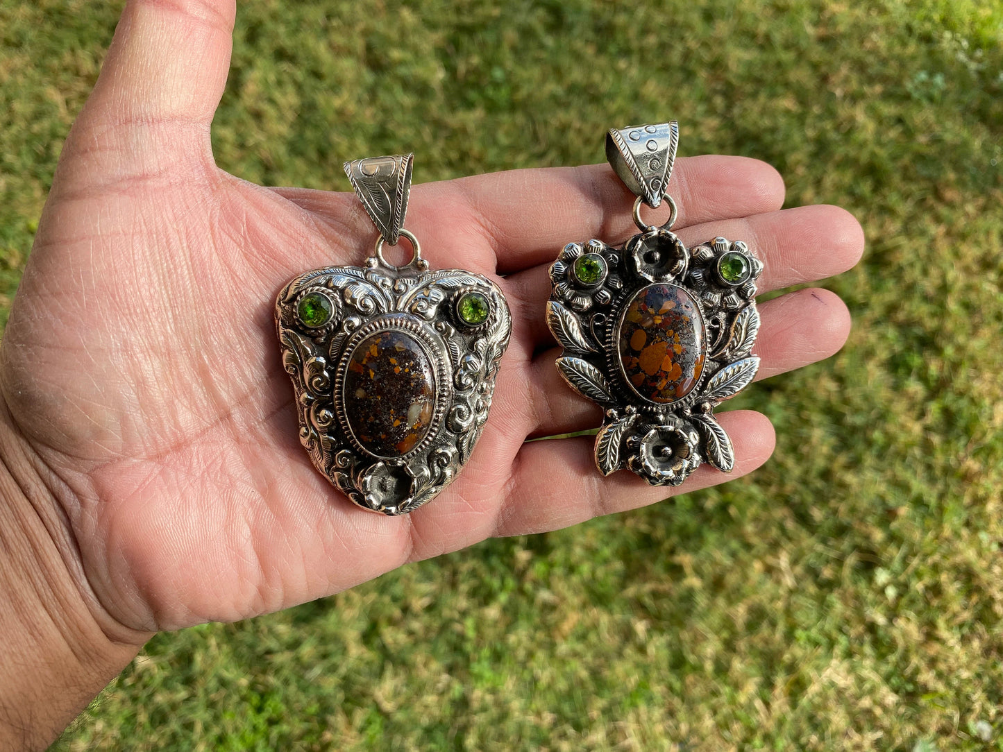 Brecciated Jasper with Peridot Tibetan Silver Pendant, Jewelry from Nepal, Energy Pendant, Gemstone Pendant, Handcrafted Jewelry for Women
